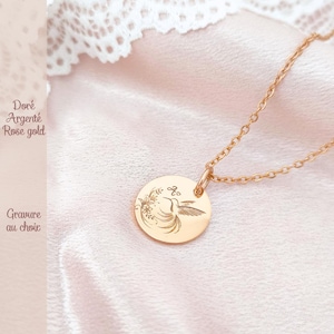 Personalized women's necklace with medallion to engrave • Hummingbird PMA & initial engraving • Gift idea for mother and baby • Custom engraved jewelry