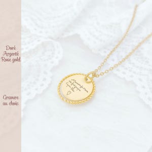 Joyas personalizadas para mujer, medallón para grabar • Collar con grabado de palabra escrita a mano, huella de mano, dibujo de niño • Regalo para el Día de la Madre