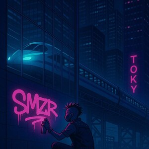 Arte mural de tren ciberpunk de Tokio con neón: impresión de paisaje urbano nocturno con grafiti punk futurista