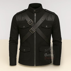 Men Gothic Military Buckle Jacket officer Band Parade Jacket Front and Back X Design