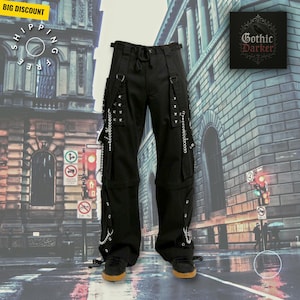 Pantalon gothique homme avec poches cargo et chaînes en argent chromé Pantalon gothique steampunk