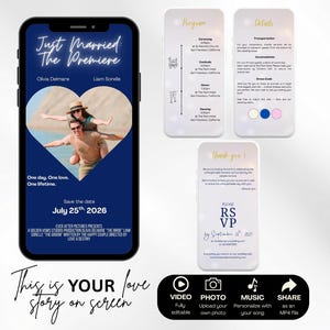Invitation vidéo personnalisée de mariage, film animé modifiable avec RSVP, programme, détails. Ajoutez vos photos et musique au faire-part.