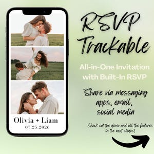 Könnte beinhalten: Ein Smartphone zeigt eine Hochzeitseinladung mit drei Fotos eines Paares. Die Einladung enthält die Namen "Olivia + Liam" und das Datum "07.25.2026". Auf dem Bildschirm steht "RSVP Trackable" und "All-in-One Invitation with Built-In RSVP".