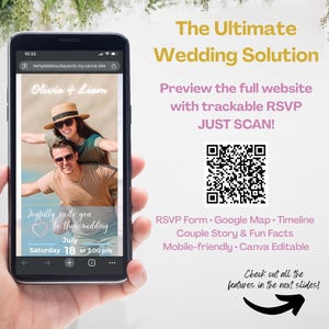 Sitio web para bodas, plantilla Canva personalizable, RSVP rastreable integrado, planificador de bodas sencillo, invitación moderna editable