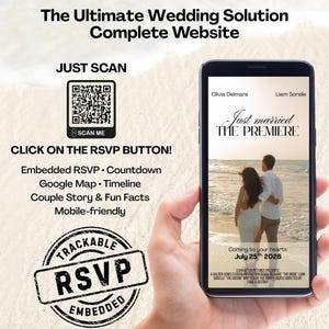 Könnte beinhalten: Ein Smartphone zeigt eine Hochzeitswebsite mit dem Text "Just married THE PREMIERE" und einem Foto eines Paares am Strand. Das Telefon wird in einer Hand gehalten, mit Text zu RSVP, Countdown und einem QR-Code.