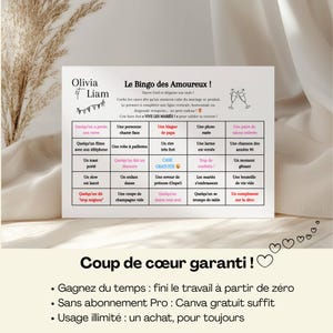 Pu&ograve; includere: Una carta bianca con il testo "Olivia & Liam" e "Le Bingo des Amoureux!" in nero. La carta presenta un gioco del bingo con vari scenari legati al matrimonio. La parte inferiore della carta ha testo in francese e illustrazioni di cuori.