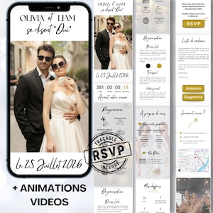 Peut inclure: Une invitation de mariage numérique sur un écran de smartphone, avec le texte "Olivia et Liam se disent Oui" et la date "Le 25 Juillet 2026". Le design comprend des photos du couple et des informations RSVP. L'invitation comprend également le texte "+ Animations Vidéos".