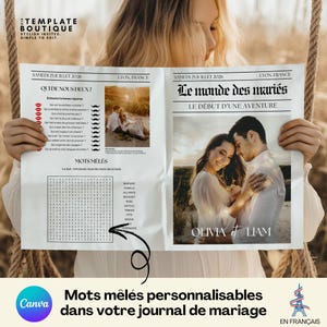 Peut inclure: Un faire-part de mariage de style journal avec le titre "Le monde des mariés" et les noms "Olivia & Liam". L'annonce comprend une photo d'un couple et un jeu de mots mêlés. Le texte "Mots mêlés personnalisables dans votre journal de mariage" est également visible.