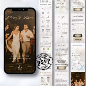 Peut inclure: Une invitation de mariage numérique sur un écran de smartphone, avec les noms Olivia & Liam. L'invitation comprend les détails de l'événement, les informations RSVP et une photo du couple. Des pages supplémentaires fournissent des détails.