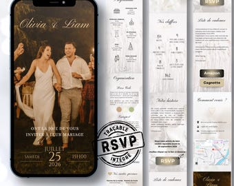 May include: A smartphone screen displays a wedding invitation with the names Olivia & Liam. The invitation includes event details, RSVP information, and a photo of the couple. Additional pages provide event specifics and gift registry links.