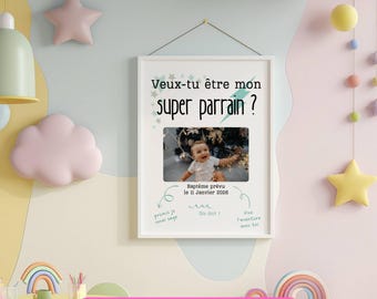 Personalized Baptism Announcement Poster, Surprise Godfather Request, Original Godfather Gift Idea to Print, Customizable Super Godfather