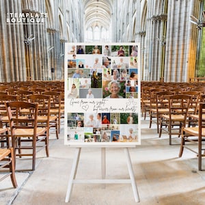 This image presents a serene and elegant memorial board on an easel, surrounded by soft greenery. The collage layout features cherished photos and the phrase “Gone from our sight, but never from our hearts,” creating a touching tribute. Ideal for a funeral collage, memorial sign, or celebration of life ceremony, and fully editable with Canva for a personalized result.