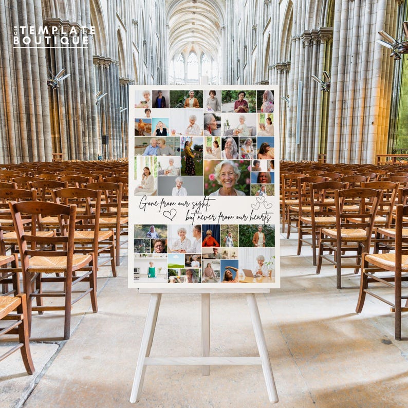 This image presents a serene and elegant memorial board on an easel, surrounded by soft greenery. The collage layout features cherished photos and the phrase “Gone from our sight, but never from our hearts,” creating a touching tribute. Ideal for a funeral collage, memorial sign, or celebration of life ceremony, and fully editable with Canva for a personalized result.