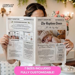 May include: A newspaper-style baptism announcement with the headline "The Baptism Times." The announcement includes a photo of a baby, event details, and customizable text. The bottom banner reads "7 SIZES INCLUDED FULLY CUSTOMIZABLE!"