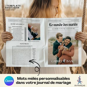 Peut inclure: Une annonce de mariage de style journal, tenue par une personne. L'annonce présente des photos du couple, un jeu de mots mêlés et le texte "Le monde des mariés". L'annonce est personnalisée avec les noms "Gabriel & Isaac".