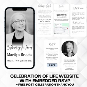 Könnte beinhalten: Ein Smartphone zeigt eine Gedenk-Website für Marilyn Brooks mit Veranstaltungsdetails, RSVP-Informationen und einem Foto. Das Design der Website ist schwarz-weiß, mit dem Text "Celebrating the life of Marilyn Brooks."