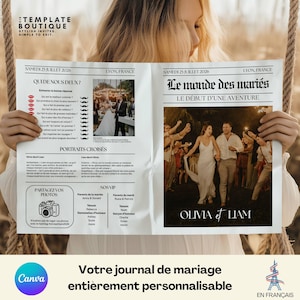 May include: A wedding newspaper design with the text "TEMPLATE BOUTIQUE" and "STYLISH INVITES. SIMPLE TO EDIT." The newspaper features photos of a bride and groom, along with the text "OLIVIA et LIAM" and "Votre journal de mariage entièrement personnalisable."