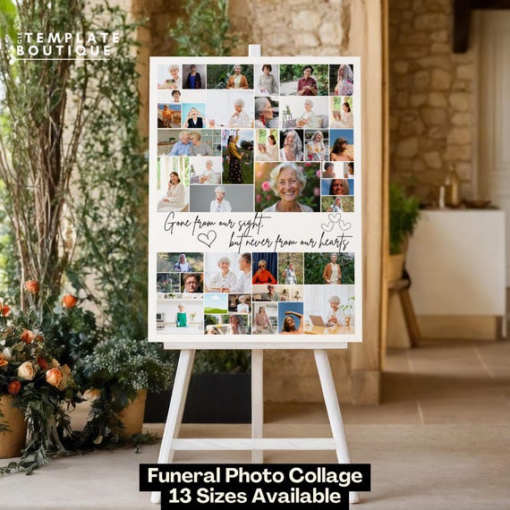 Affiche collage photo funéraire, Annonce Funérailles, Deuil, Décès, Modèle Canva DIY à personnaliser, Pancarte hommage souvenir – 13 formats