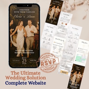 May include: A smartphone screen displays a wedding invitation with the names Olivia & Liam. The invitation includes the date, July 25, 2026, and the time, 3:00 PM. Additional wedding details are shown on cards, including an RSVP stamp.