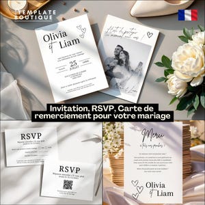 Peut inclure: Ensemble de papeterie de mariage comprenant des invitations, des cartons RSVP et des cartes de remerciement. L'invitation présente les noms Olivia & Liam, la date et l'heure. Les cartons RSVP incluent un code QR. La carte de remerciement a un message.