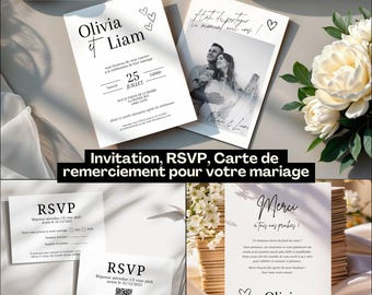 Inviti di nozze in francese, confezione con invito minimalista, codice QR RSVP e biglietto di ringraziamento, modello Canva personalizzabile