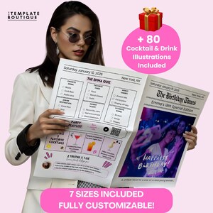Peut inclure: Une invitation d'anniversaire de style journal avec le titre "The Birthday Times". Le design comprend un quiz, des illustrations de cocktails et le texte "Happiest Birthday!" et "Fully Customizable!"