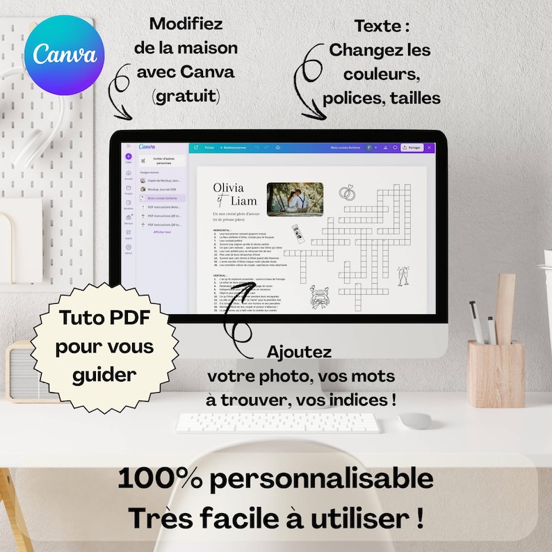 Pu&ograve; includere: Un monitor di computer mostra un cruciverba personalizzabile con i nomi "Olivia & Liam" in alto. Lo schermo mostra il logo Canva e testo in francese. Una tastiera e penne sono visibili.