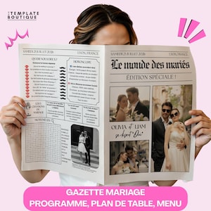 Peut inclure: Une gazette de mariage avec le titre "Le monde des mariés" et la date "SAMEDI 25 JUILLET 2026". L'annonce comprend des photos du couple, des horoscopes et un mots-mêlés. La bannière inférieure indique "GAZETTE MARIAGE PROGRAMME, PLAN DE TABLE, MENU".