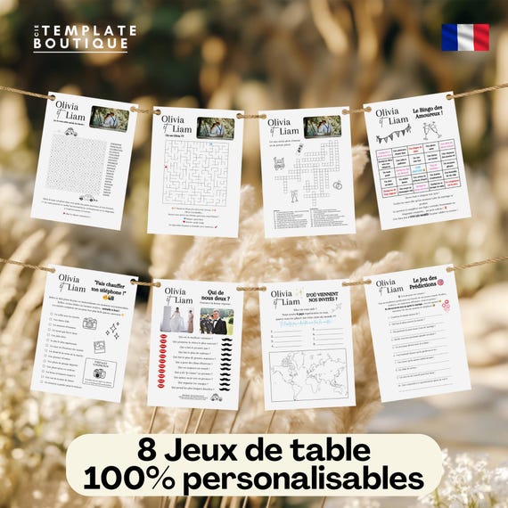 8 Jeux de table pour Mariage en français, animation et activités réception, cadeau invités, modèles Canva personnalisables, défi photo quizz