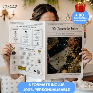May include: A newspaper-style print celebrating a 40th birthday, with the headline "La Gazette de Julien." The design includes text, graphics, and the phrase "+80 illustrations de cocktails." The print is customizable and includes 6 formats.