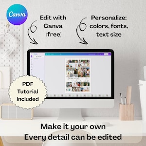 This mockup displays a funeral photo collage being edited in Canva on a desktop screen. It highlights full personalization options — change colors, fonts, text size — and mentions that a PDF tutorial is included. Perfect for anyone creating a memorial board, funeral collage sign, or celebration of life poster. Clean workspace and modern look emphasize ease of use and professional results.
