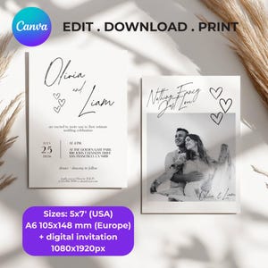 Könnte beinhalten: Zwei Hochzeitseinladungskarten. Die linke Karte trägt die Namen "Olivia und Liam" mit Herzen, Datum, Uhrzeit und Ort. Die rechte Karte zeigt ein Schwarz-Weiß-Foto eines Paares mit dem Text "Nothing Fancy Just Love" und Herzen. Größen: 5x7 Zoll (USA) und A6 105x148 mm (Europa).