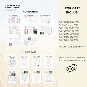 Pu&ograve; includere: Una raccolta di modelli di giochi per matrimoni stampabili in formati orizzontali e verticali. I modelli includono vari giochi, come cruciverba e quiz. Formati inclusi: da A0 (841 x 1190 mm) a A6 (105 x 148 mm).