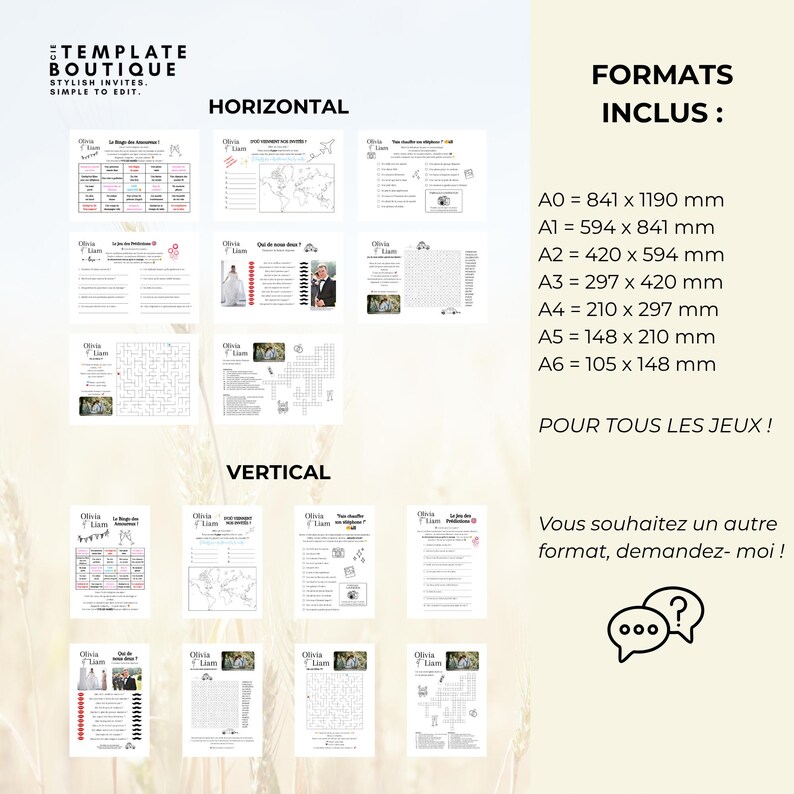 Pu&ograve; includere: Una raccolta di modelli di giochi per matrimoni stampabili in formati orizzontali e verticali. I modelli includono vari giochi, come cruciverba e quiz. Formati inclusi: da A0 (841 x 1190 mm) a A6 (105 x 148 mm).