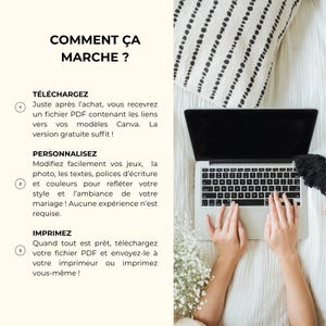 Pu&ograve; includere: Un laptop con schermo nero e tastiera &egrave; aperto su una superficie bianca. Il testo "COMMENT &Ccedil;A MARCHE?" &egrave; in alto, con le istruzioni sottostanti. Sono visibili anche un cuscino decorativo e dei fiori.