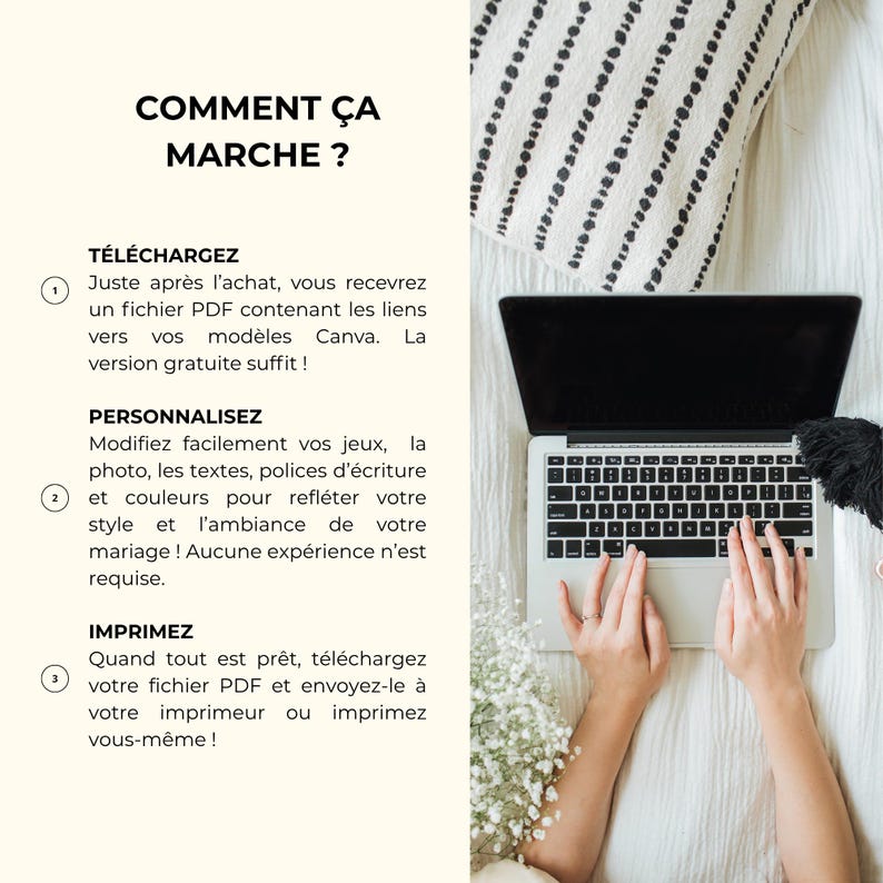 Pu&ograve; includere: Un laptop con schermo nero e tastiera &egrave; aperto su una superficie bianca. Il testo "COMMENT &Ccedil;A MARCHE?" &egrave; in alto, con le istruzioni sottostanti. Sono visibili anche un cuscino decorativo e dei fiori.