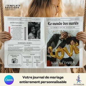Peut inclure: Un journal de mariage personnalisé avec des photos en noir et blanc et du texte. Le journal présente les noms Kayla et Darius, avec le mot "LOVE" en lettres dorées. Le design comprend du texte en français et un logo Canva.