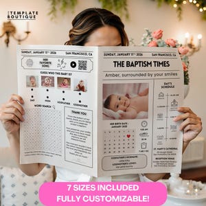 Peut inclure: Annonce de baptême personnalisée, présentée comme un journal. Elle comprend des photos, un emploi du temps et une grille de mots cachés. Le titre est "The Baptism Times" et "Amber, surrounded by your smiles." Entièrement personnalisable.