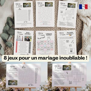 Peut inclure: Huit jeux de mariage avec les noms "Olivia & Liam". Les jeux comprennent des jeux de recherche de mots, des labyrinthes et des mots croisés, imprimés sur papier blanc. Le texte "8 jeux pour un mariage inoubliable!" est également visible, indiquant le thème.