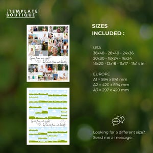 This mockup highlights the range of sizes included with the memorial collage template, available in both US and European formats. It showcases a funeral photo board with soft, loving imagery and the quote “Gone from our sight, but never from our hearts.” A great option for a funeral poster, memorial sign, or celebration of life tribute. Editable in Canva, it adapts to any display or easel setup.