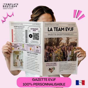 Peut inclure: Une annonce de mariage de style journal avec le titre "LA TEAM EVJF" et le texte "GAZETTE EXCEPTIONNELLE!" en noir. L'annonce comprend des photos, un code QR et le texte "100% PERSONNALISABLE" dans une bannière rose.