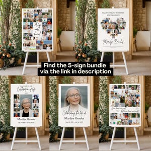 This image showcases a warm and welcoming funeral sign designed as a memorial collage on an easel. Surrounded by soft greenery and natural light, it sets a heartfelt tone for the ceremony. The Canva template features editable text and a touching quote, making it perfect for a funeral welcome sign, memorial board, or celebration of life display.