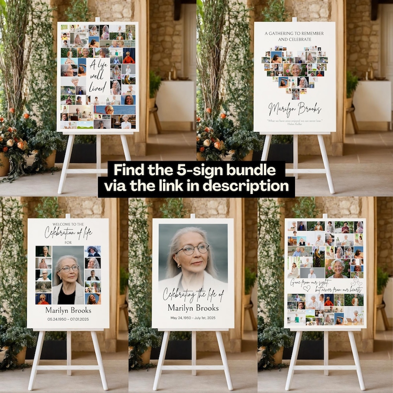 This image showcases a warm and welcoming funeral sign designed as a memorial collage on an easel. Surrounded by soft greenery and natural light, it sets a heartfelt tone for the ceremony. The Canva template features editable text and a touching quote, making it perfect for a funeral welcome sign, memorial board, or celebration of life display.