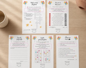 May include: A collection of white paper game sheets for a baptism celebration. Each sheet features colorful balloon graphics and French text. Games include crossword puzzles, a questionnaire, a time capsule, Sudoku, and a treasure hunt.