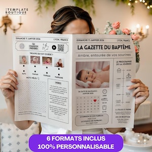 Puede incluir: Anuncio de bautizo con diseño de periódico, con fotos del bebé, calendario y detalles del evento. El titular dice "La Gazette du Baptême". El texto dice "6 FORMATOS INCLUIDOS 100% PERSONALIZABLE."