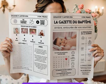 Gazette de Baptême personnalisable, Cadeau Invité, Annonce Baptême Originale, Journal souvenir avec Jeux, Programme, Faire Part ou Souvenir