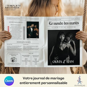 May include: A newspaper-style wedding invitation with black and white photos of a couple. The headline reads "Le monde des mariés" and "Olivia & Liam" is printed on the front. The invitation is held by a person.