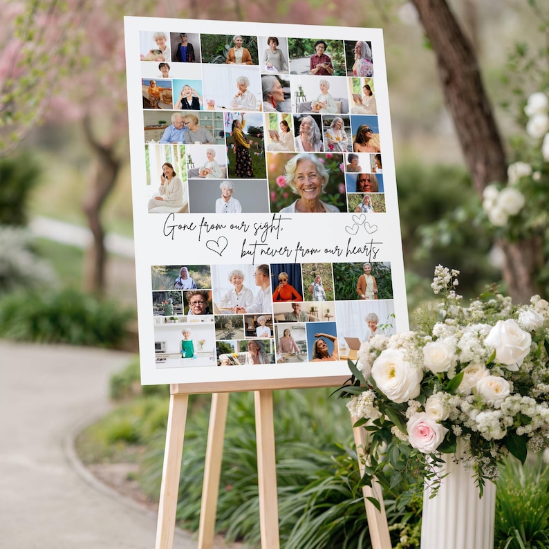 This mockup features a beautiful outdoor display of a memorial collage on an easel, surrounded by lush greenery and fresh white flowers. The Canva template showcases a heartfelt quote and photo layout, perfect for honoring a loved one. Ideal as a memorial board, funeral collage sign, or celebration of life poster, offering a meaningful visual tribute for any remembrance ceremony.