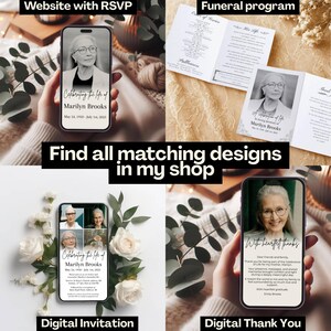This image showcases a cohesive set of funeral and memorial digital templates with a soft, elegant aesthetic. It includes a Celebration of Life website with embedded RSVP, a funeral program, a digital invitation, and a thank you message — all featuring matching designs. Perfect for honoring a loved one with grace and clarity. Ideal for keywords like celebration of life, memorial sign, funeral collage, or in loving memory of.