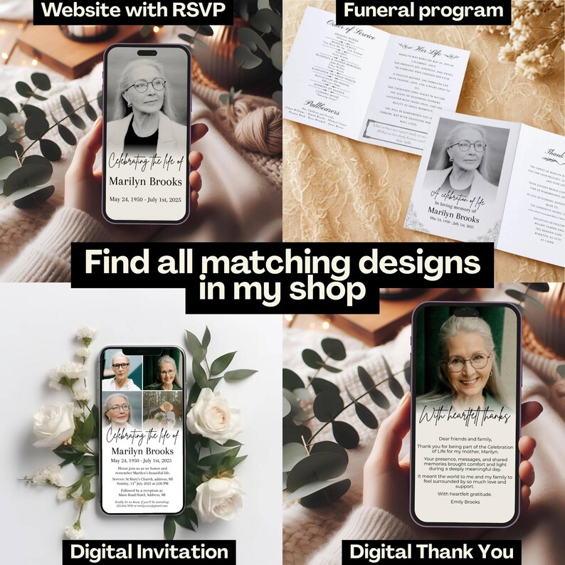 This image showcases a cohesive set of funeral and memorial digital templates with a soft, elegant aesthetic. It includes a Celebration of Life website with embedded RSVP, a funeral program, a digital invitation, and a thank you message — all featuring matching designs. Perfect for honoring a loved one with grace and clarity. Ideal for keywords like celebration of life, memorial sign, funeral collage, or in loving memory of.
